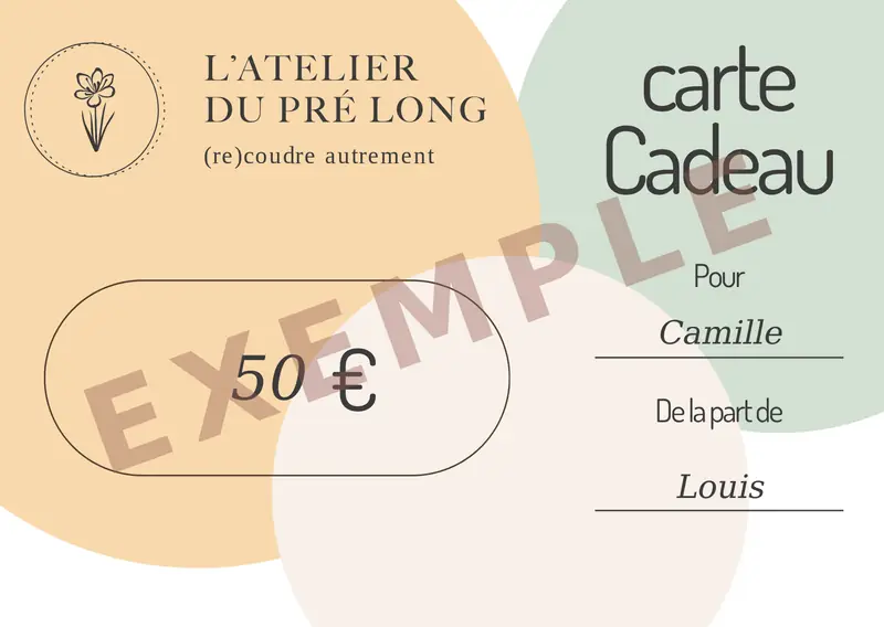 Exemple de carte-cadeau, marqué « EXEMPLE » : 50 €, pour Camille, de la part de Louis